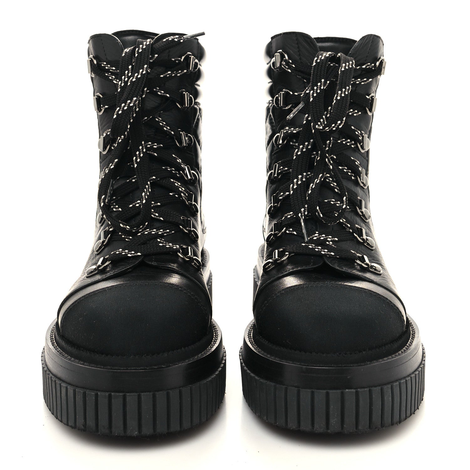 Chanel Calfskin Grosgrain Quilted Lace Up Boots 36.5 Black Grey 2 of 8