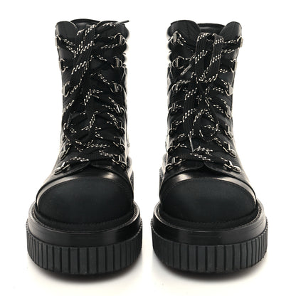 Chanel Calfskin Grosgrain Quilted Lace Up Boots 36.5 Black Grey 2 of 8