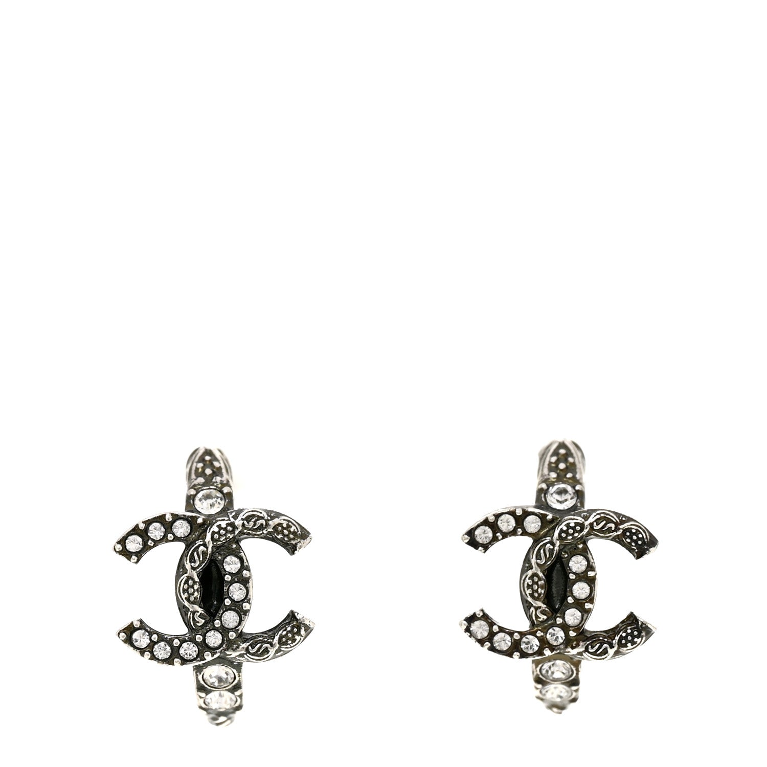 Chanel Metal Crystal CC Hoop Earrings Ruthenium 1 of 5