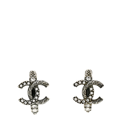 Chanel Metal Crystal CC Hoop Earrings Ruthenium 1 of 5