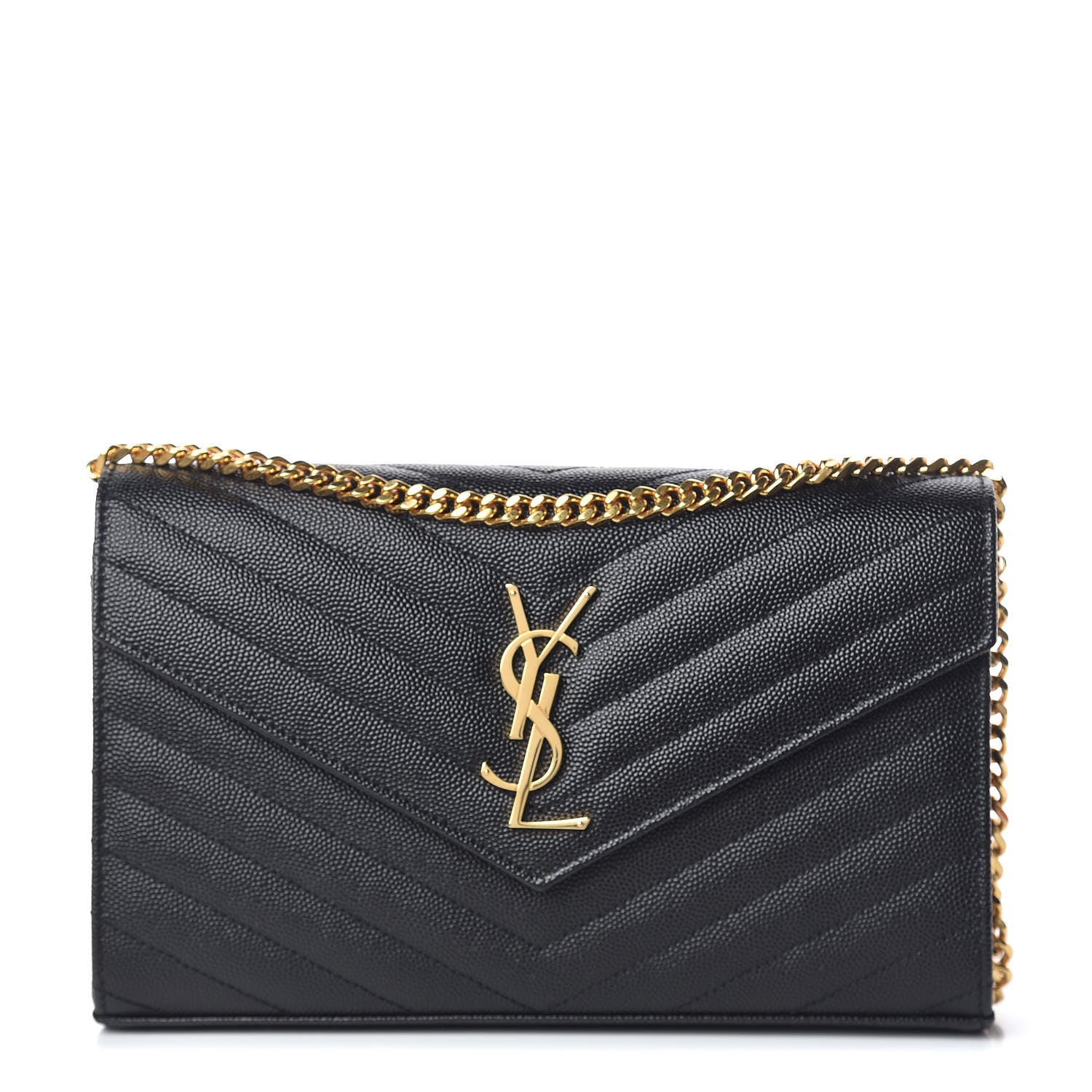 Saint Laurent Grain De Poudre Matelasse Chevron Monogram Chain Wallet Black 1 of 10