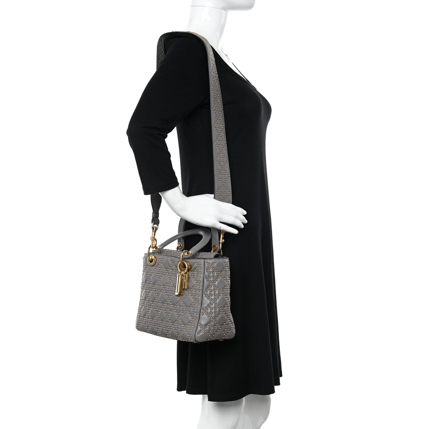 Calfskin Cannage Studded Medium Supple Lady Dior Grey