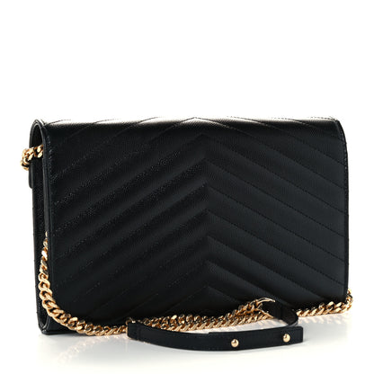 Saint Laurent Grain De Poudre Matelasse Chevron Monogram Chain Wallet Black 3 of 11