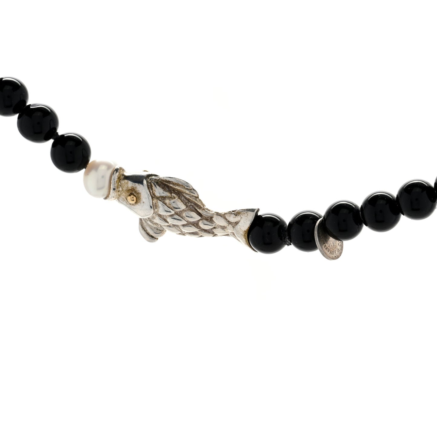 18K Yellow Gold Black Onyx Pearl Fish Bead Necklace