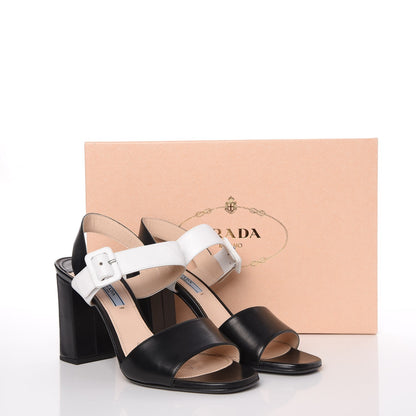 Prada Vitello Lux Bicolor Block Heel Sandals 38.5 Black White 11 of 11