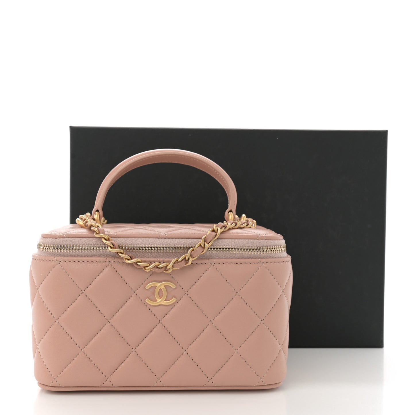Lambskin Quilted Small Top Handle Vanity Case With Chain Beige