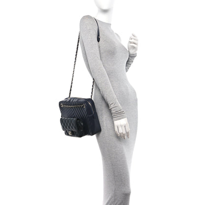 Chanel Calfskin Chevron Quilted Double Camera Bag With Flap Black Black 2 of 10