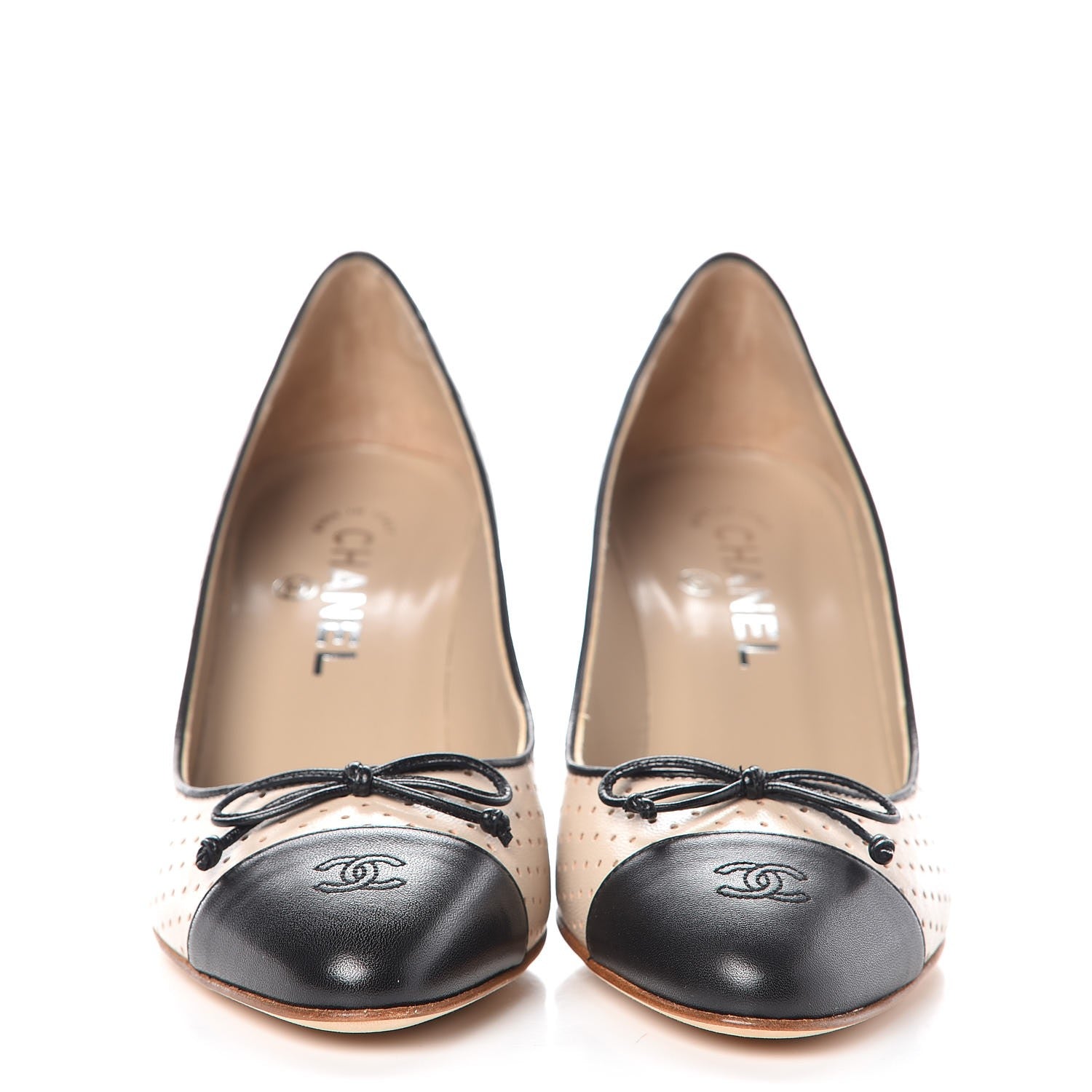 Chanel Lambskin Perforated CC Cap Toe Pump 38 Beige Black 2 of 9