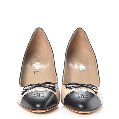 Chanel Lambskin Perforated CC Cap Toe Pump 38 Beige Black 2 of 9