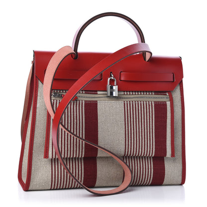 Hermes Vache Hunter Toile H Vibration Herbag Zip 31 PM Bordeaux Ficelle Rouge Piment 4 of 14