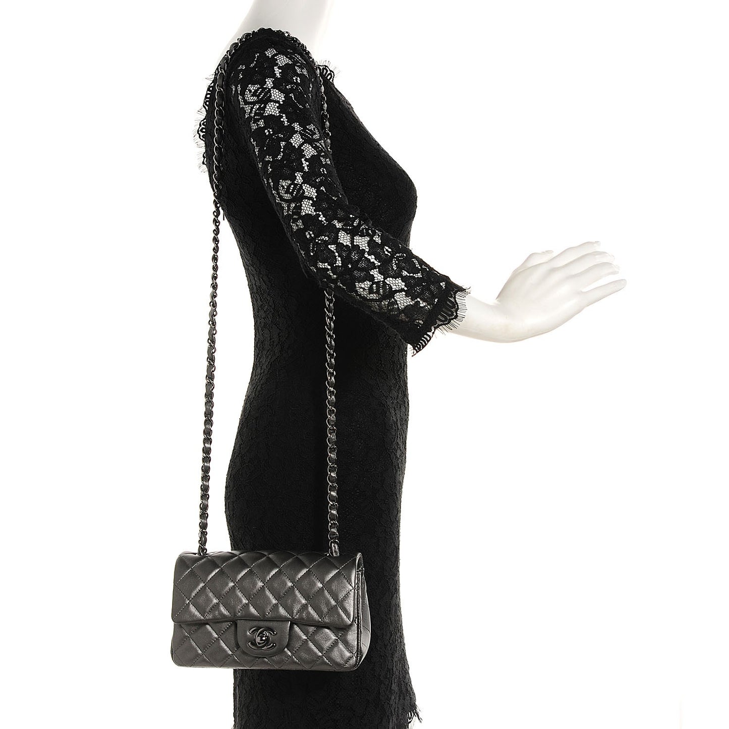 Metallic Lambskin Quilted Mini Rectangular Flap Dark Grey