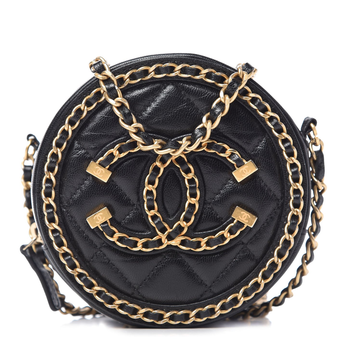 Lambskin Quilted Round Filigree Chain Around Crossbody Black
