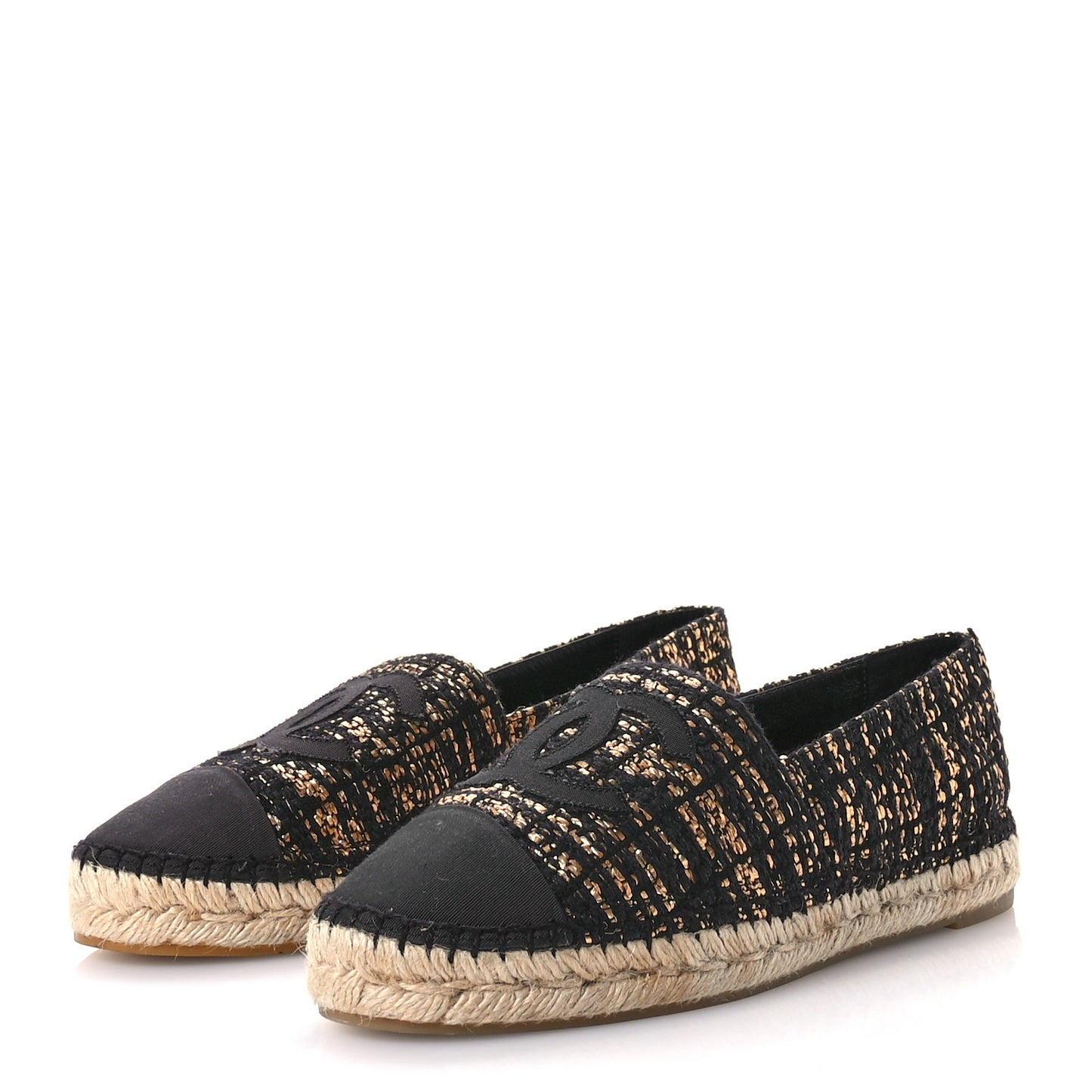 Metallic Tweed Grosgrain CC Espadrilles 40 Black Gold
