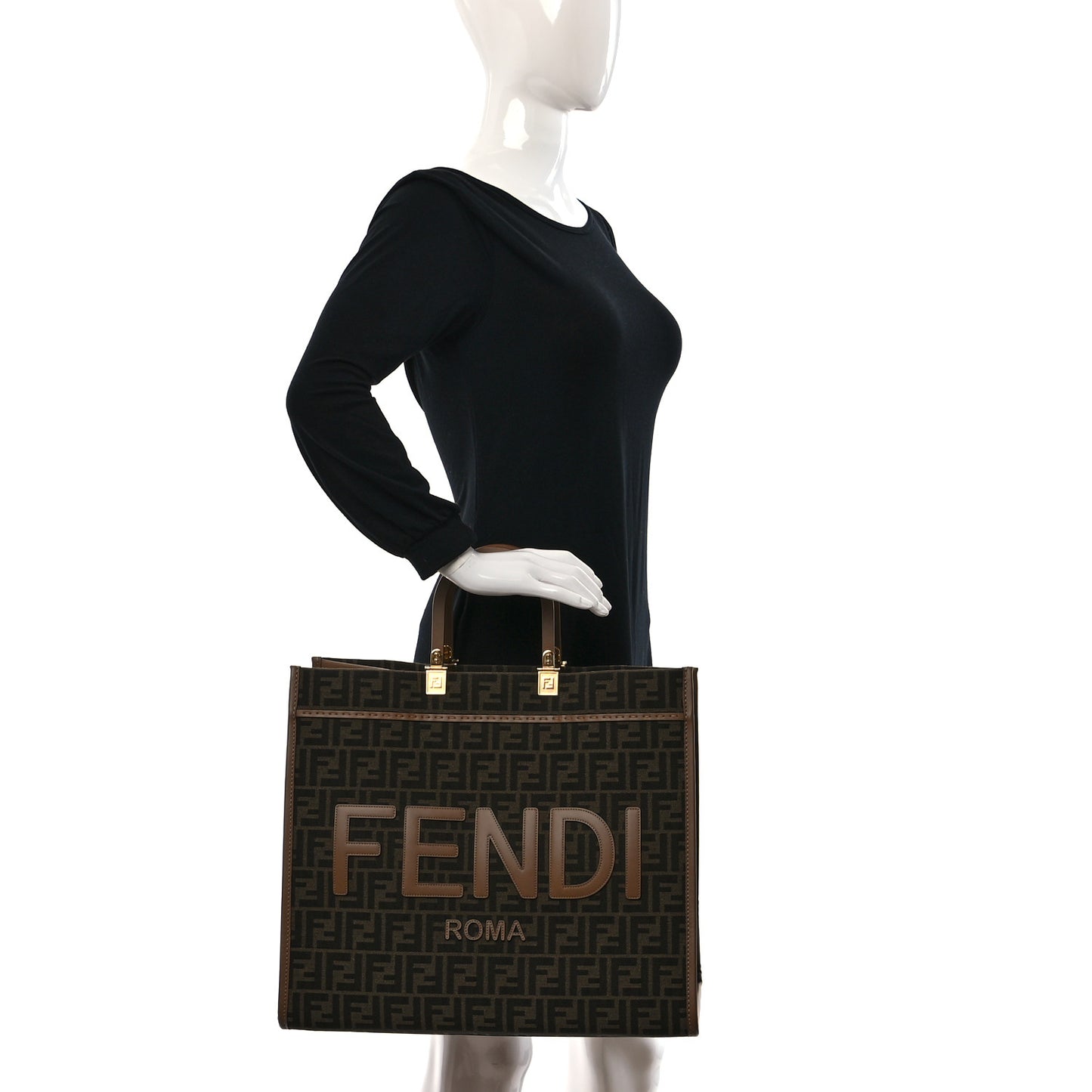 Fabric Jacquard FF 1974 Logo Large Fendi Sunshine Shopper Tote Tobacco Moro Sand