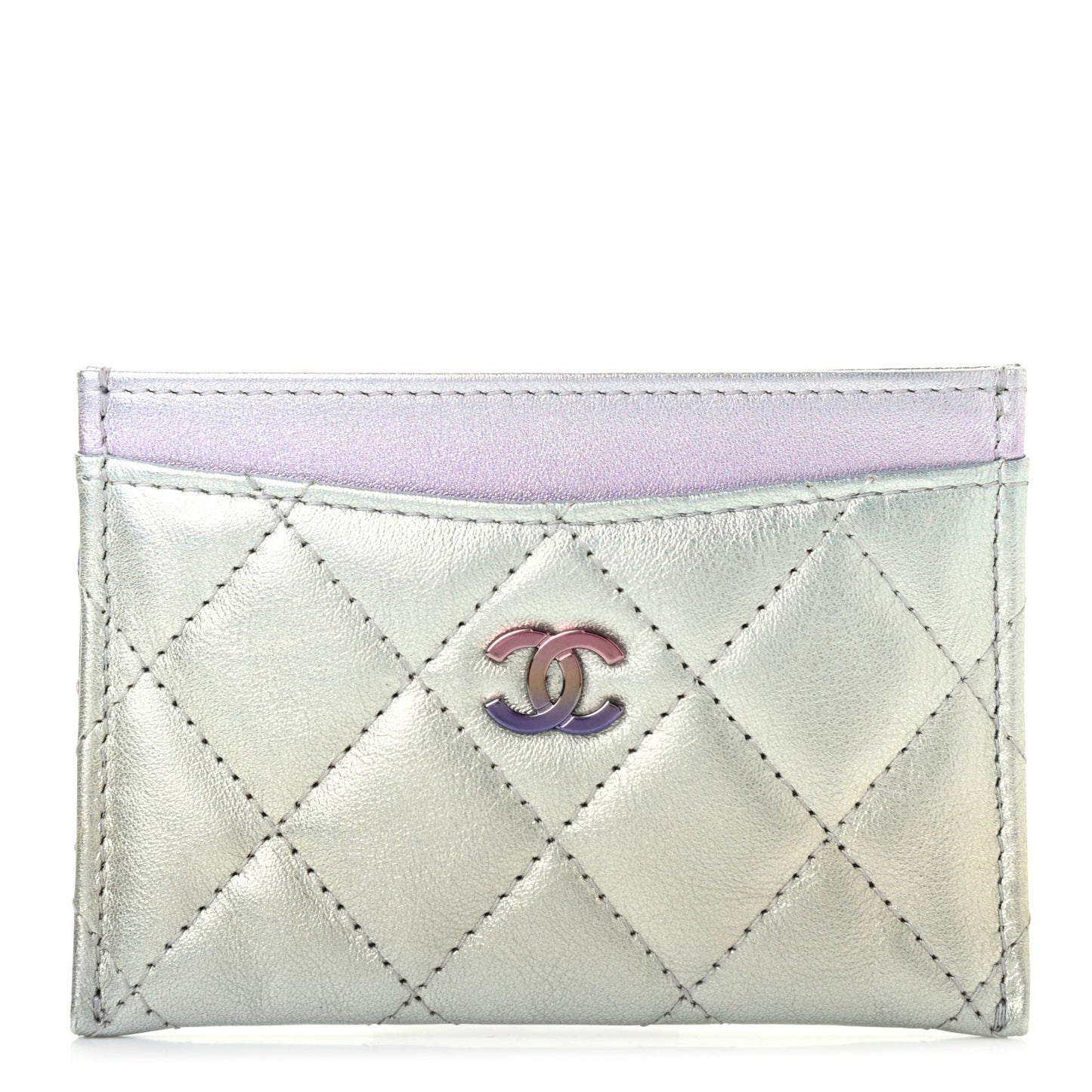 Gradient Metallic Calfskin Quilted Card Holder Silver Blue Yellow Purple