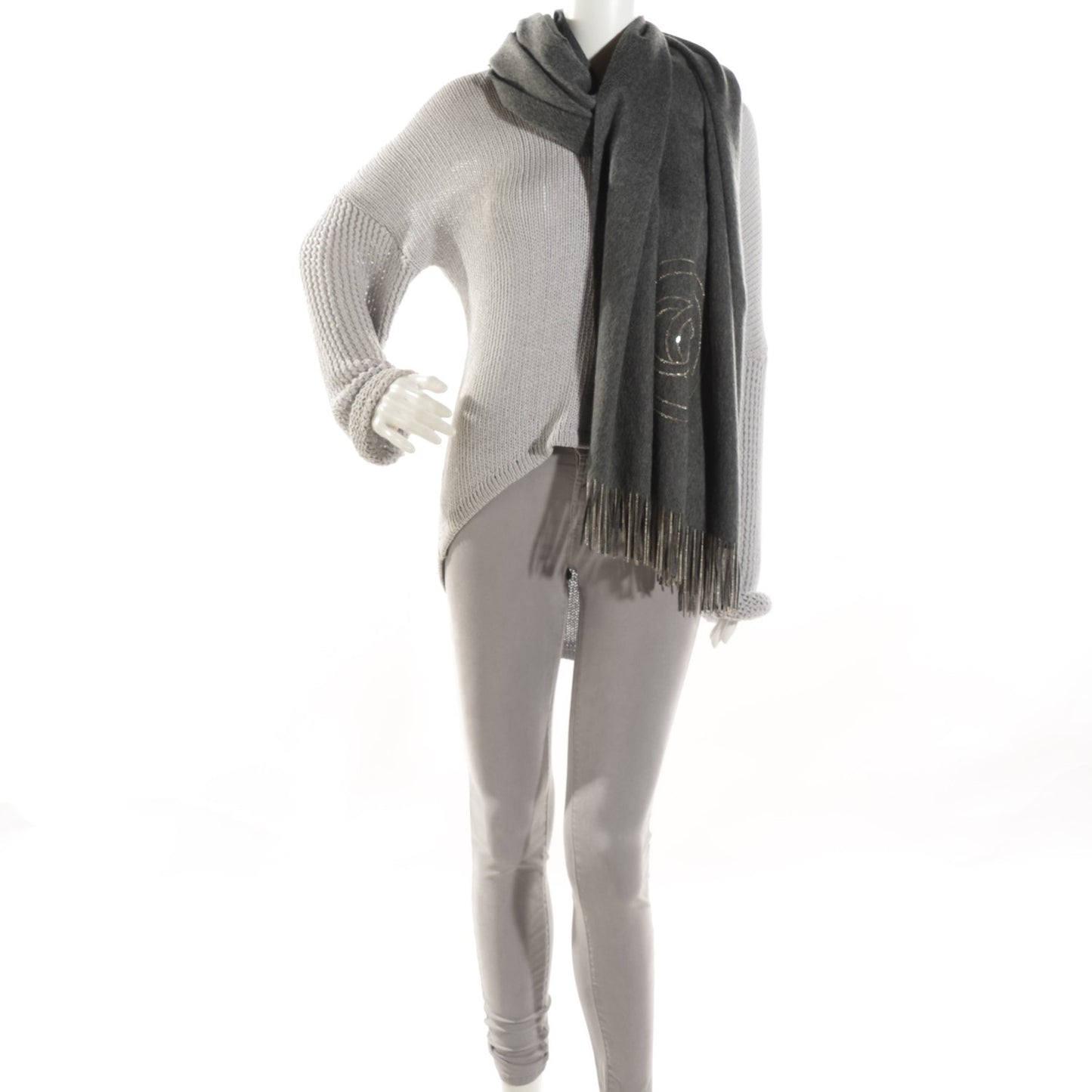 Cashmere CC Chain Fringe Shawl Dark Grey