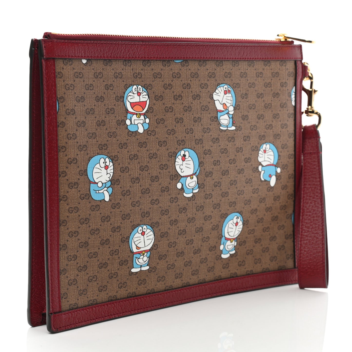 X DORAEMON Mini Vintage GG Supreme Monogram Wristlet Pouch Beige Cherry Red