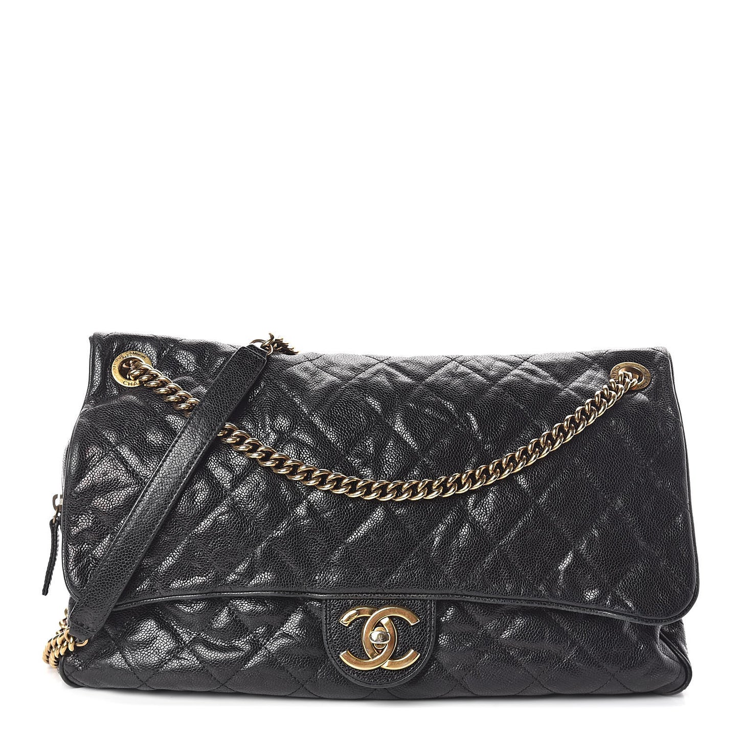 Crumpled Grained Calfskin Quilted Maxi Shiva Flap Black