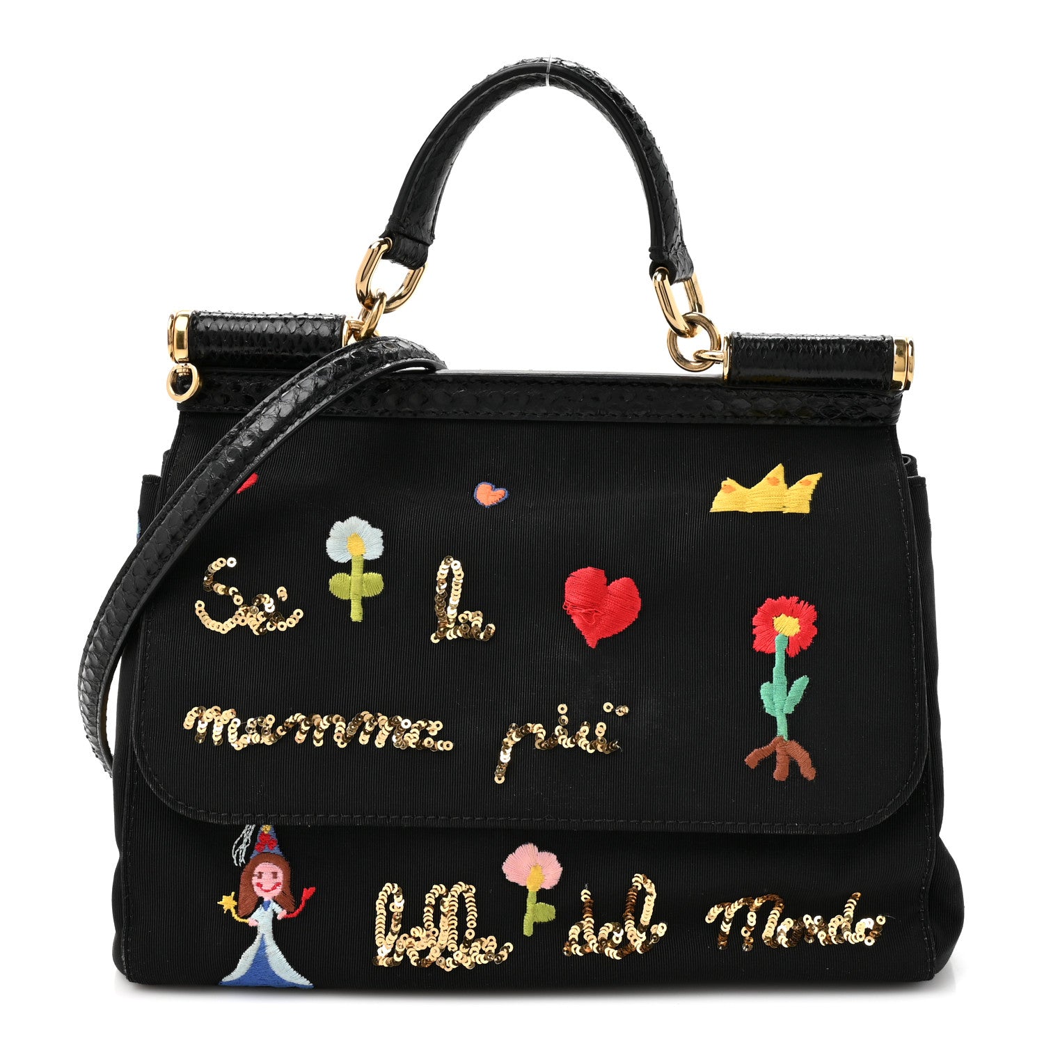 Dolce & Gabbana Neoprene Watersnake Embellished Medium Miss Sicily Satchel Black Multicolor 1 of 13