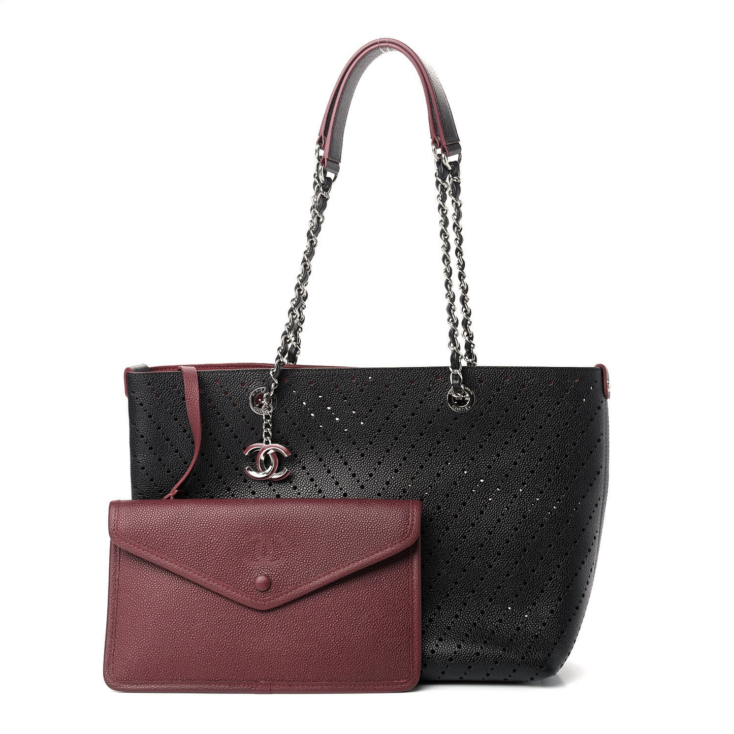 Perforated Grained Calfskin Large Shopping Tote Black