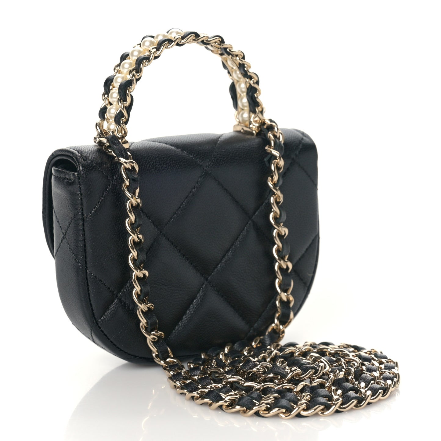 Lambskin Quilted Pearl Top Handle Clutch With Chain Black