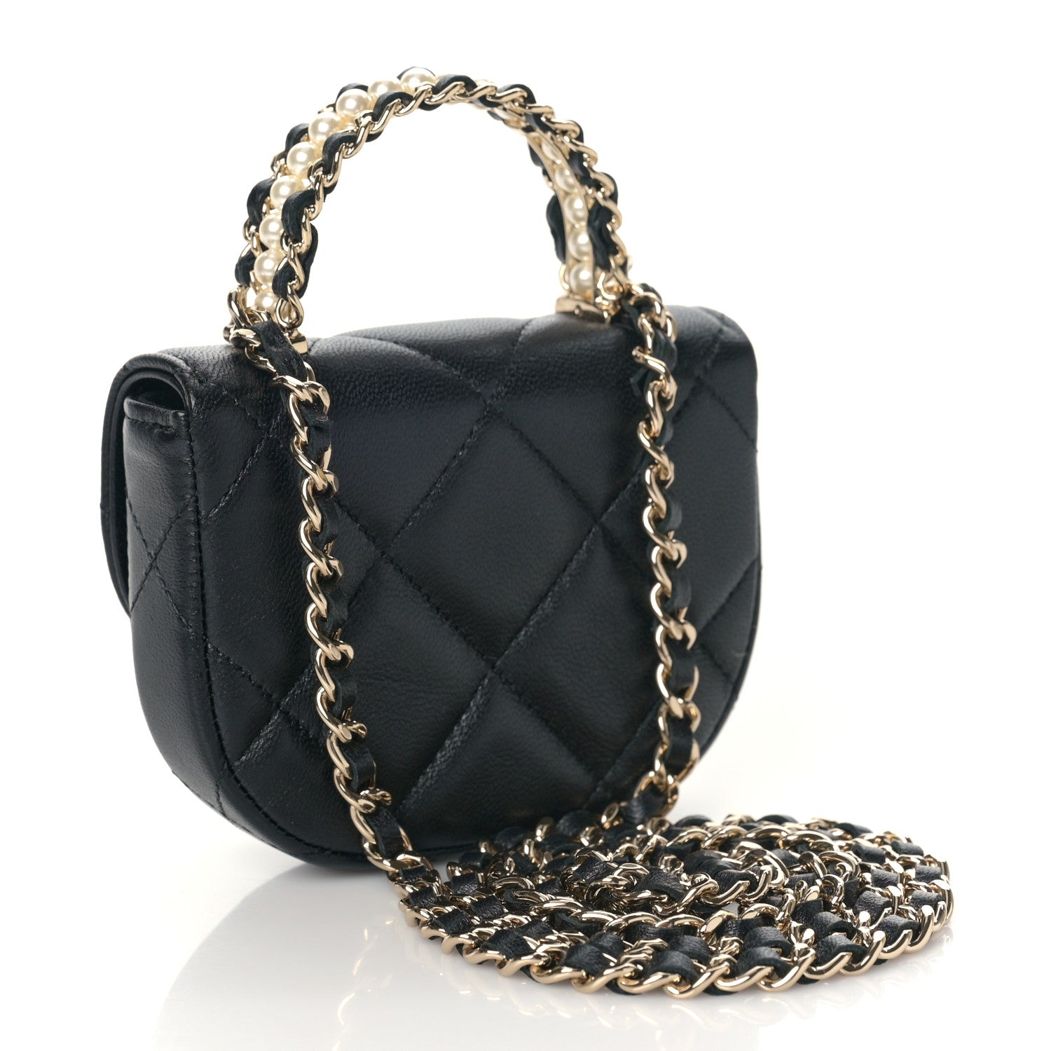 Chanel Lambskin Quilted Pearl Top Handle Clutch With Chain Black 3 of 12
