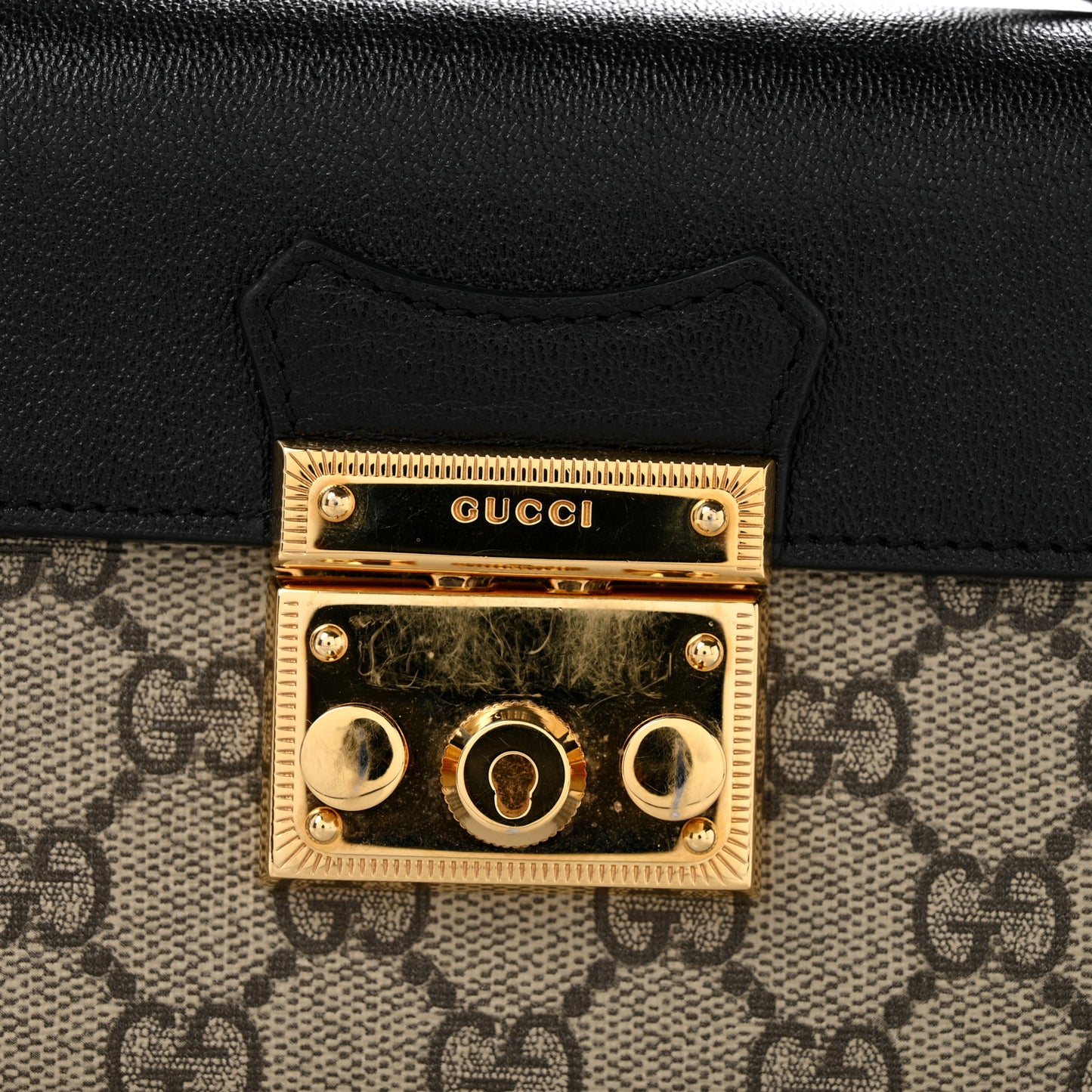 GG Supreme Monogram Calfskin Mini Padlock Top Handle Shoulder Bag Beige Black Cuir