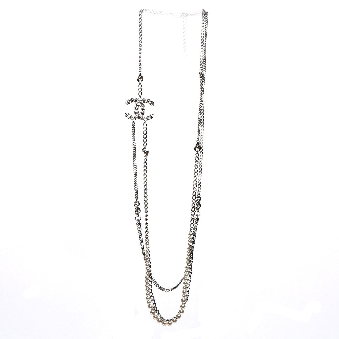 Pearl CC Long Chain Necklace Silver