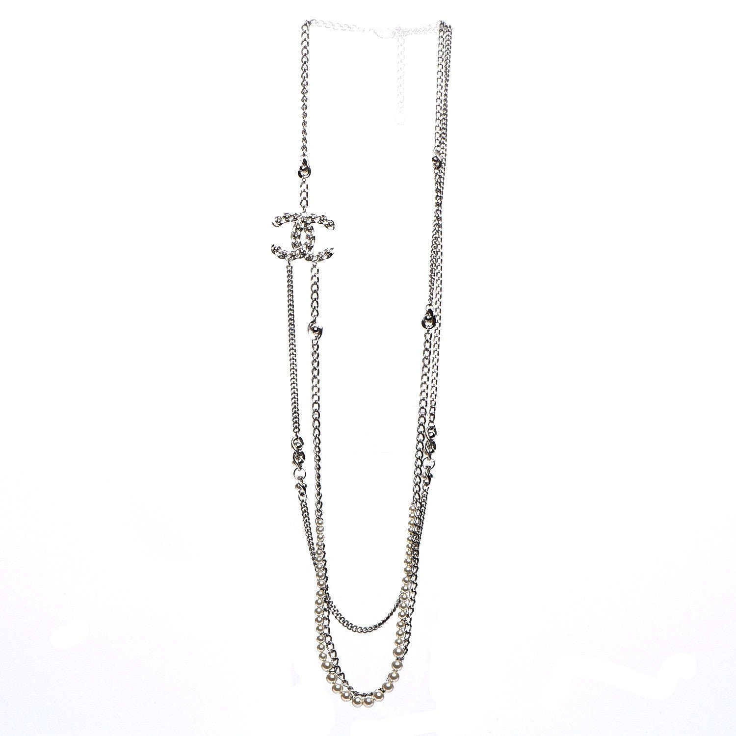 Chanel Pearl CC Long Chain Necklace Silver 3 of 7
