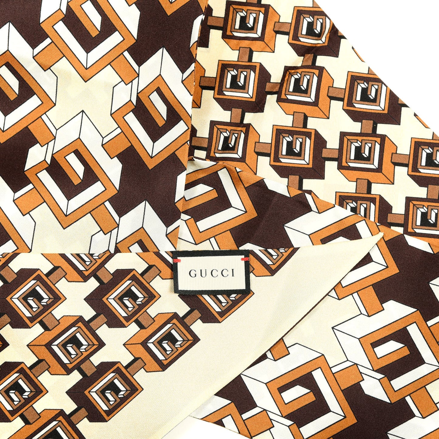 Silk Twill Isometric G Neck Bow Scarf Brown Ivory
