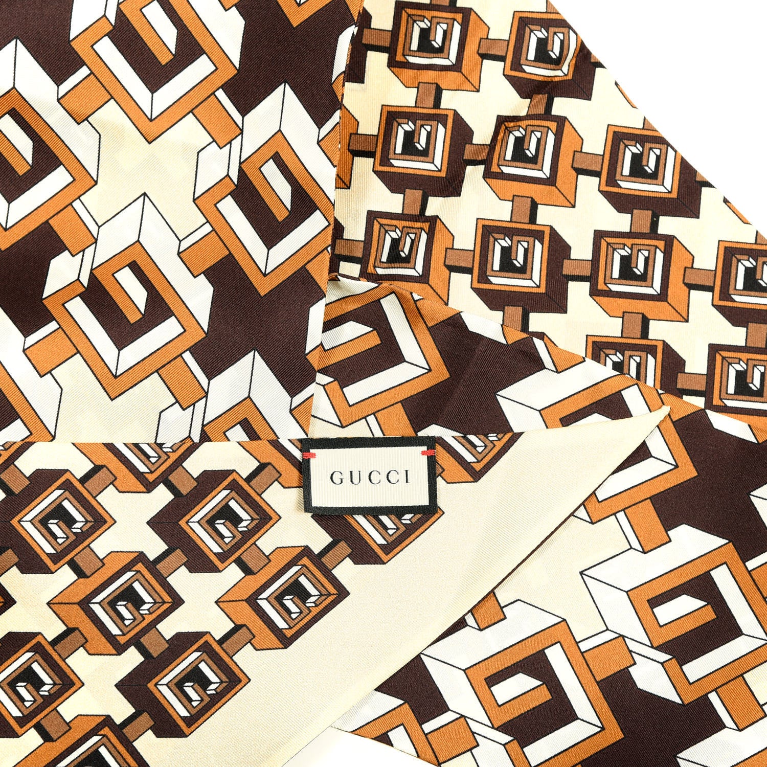 Gucci Silk Twill Isometric G Neck Bow Scarf Brown Ivory 3 of 3