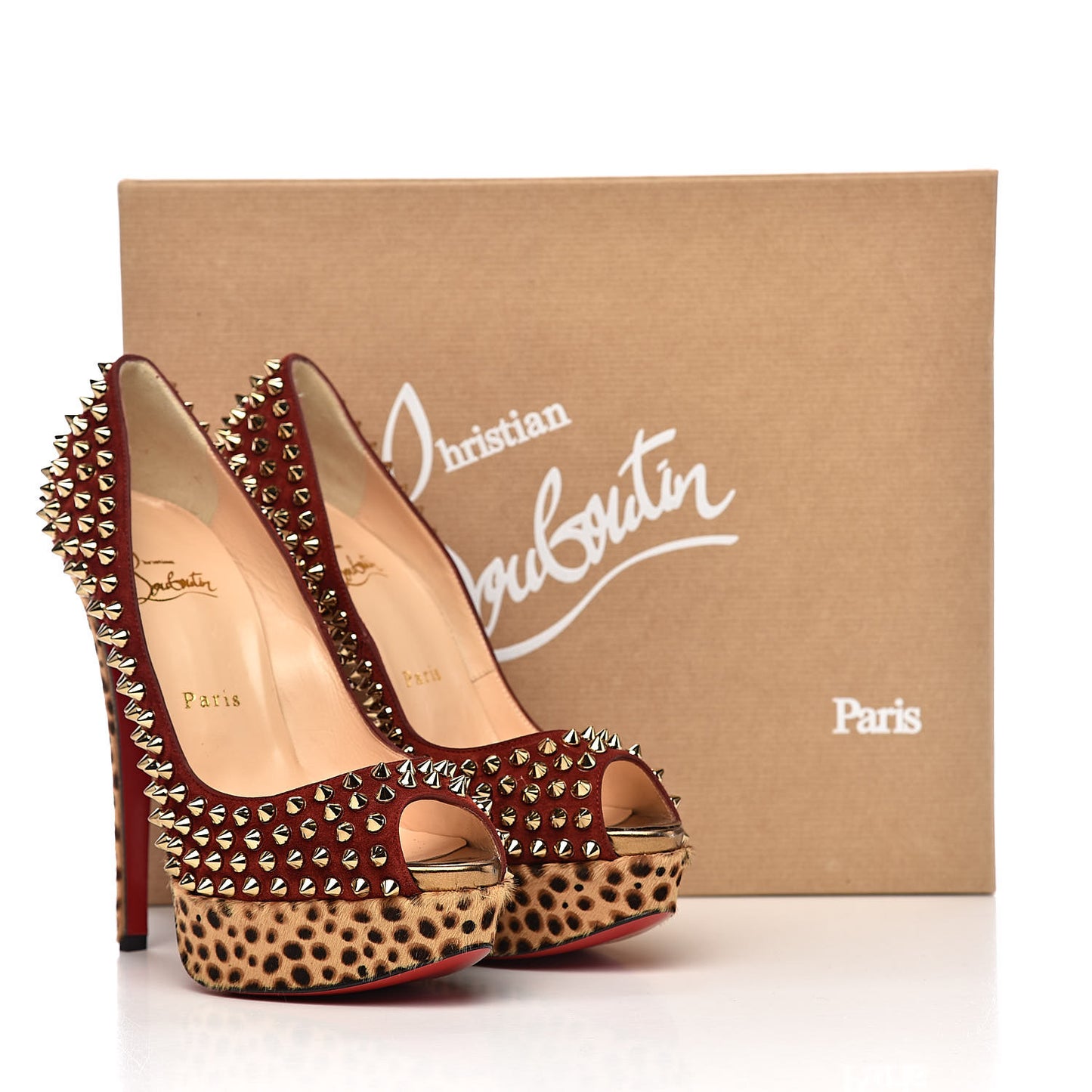 Veau Velours Calf Hair Leopard Lady Peep Spikes 150 Pumps 37.5 Red