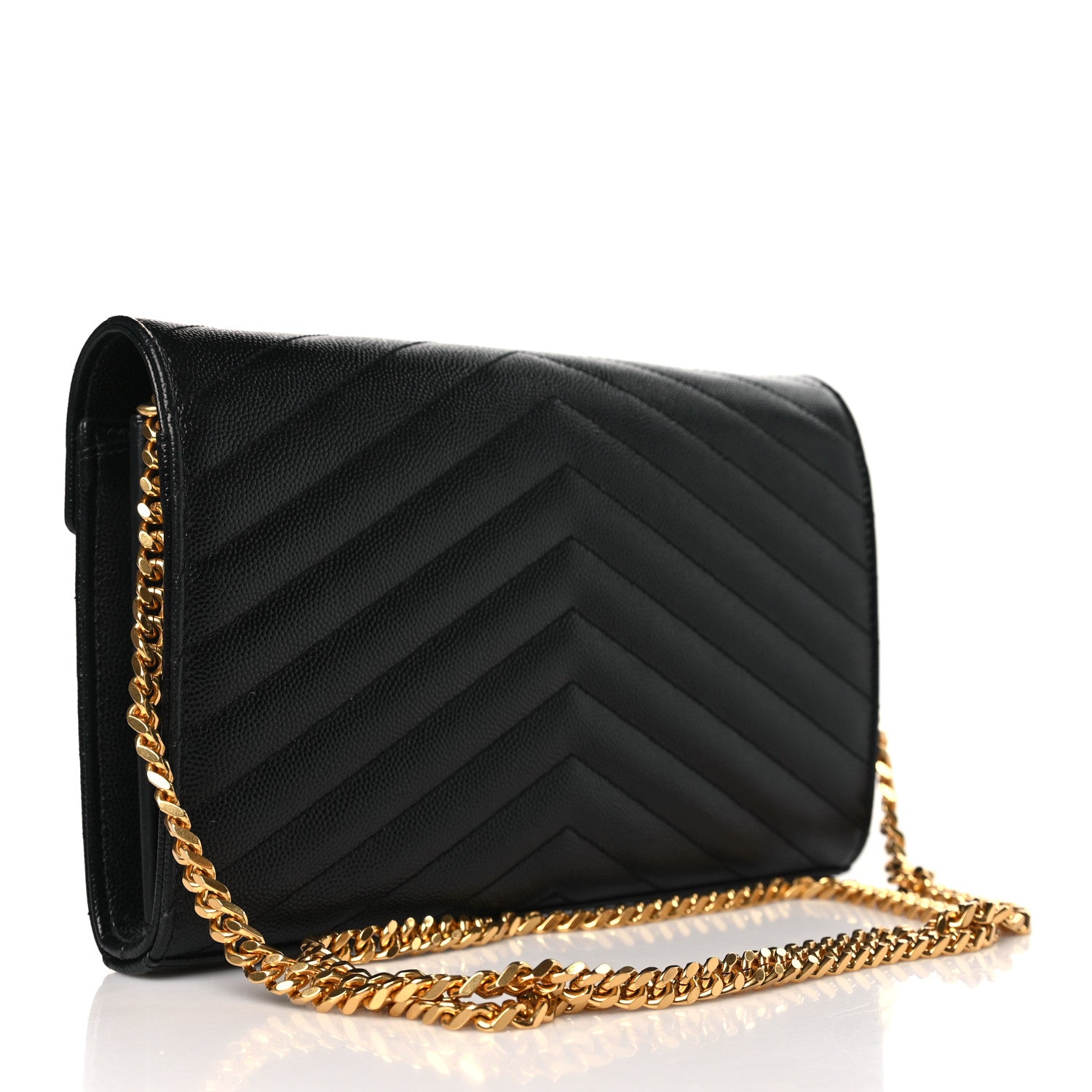 Saint Laurent Grain De Poudre Matelasse Chevron Monogram Chain Wallet Black 2 of 8