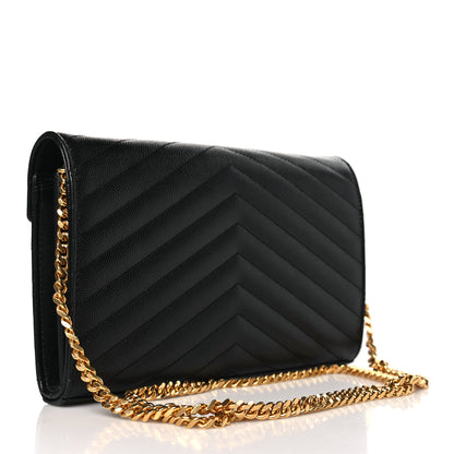 Saint Laurent Grain De Poudre Matelasse Chevron Monogram Chain Wallet Black 2 of 8