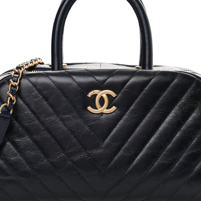Chanel Glazed Calfskin Chevron Small Bowling Bag Navy 7 of 13
