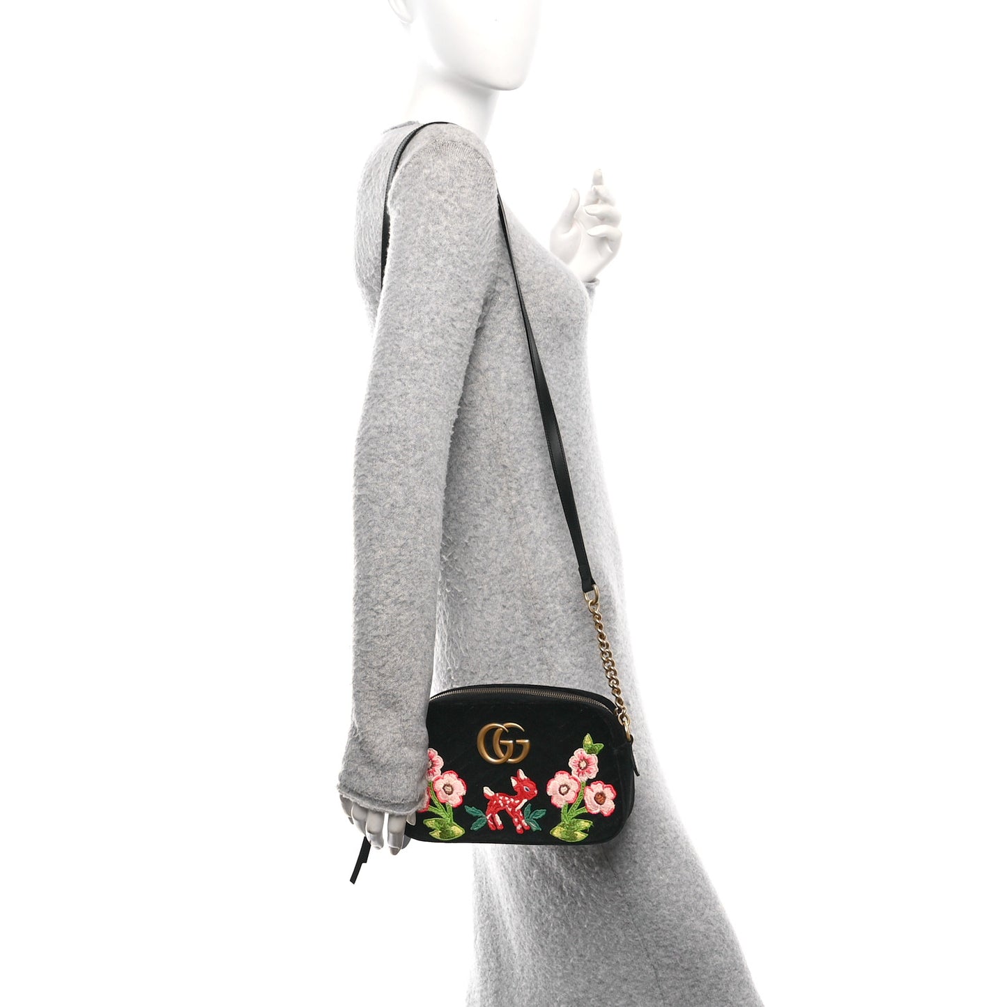 Velvet Matelasse Deer Embroidered Small GG Marmont Chain Shoulder Bag Black