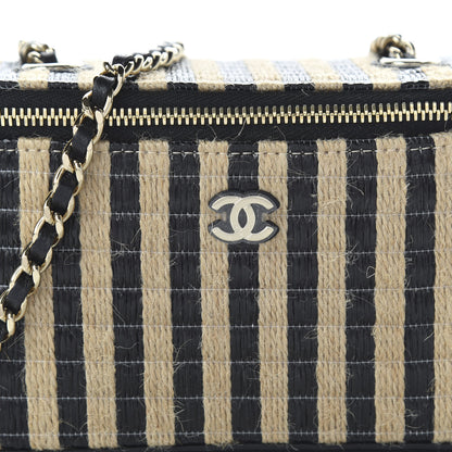 Chanel Raffia Jute Striped Small Vanity Case With Chain Black Beige 10 of 11