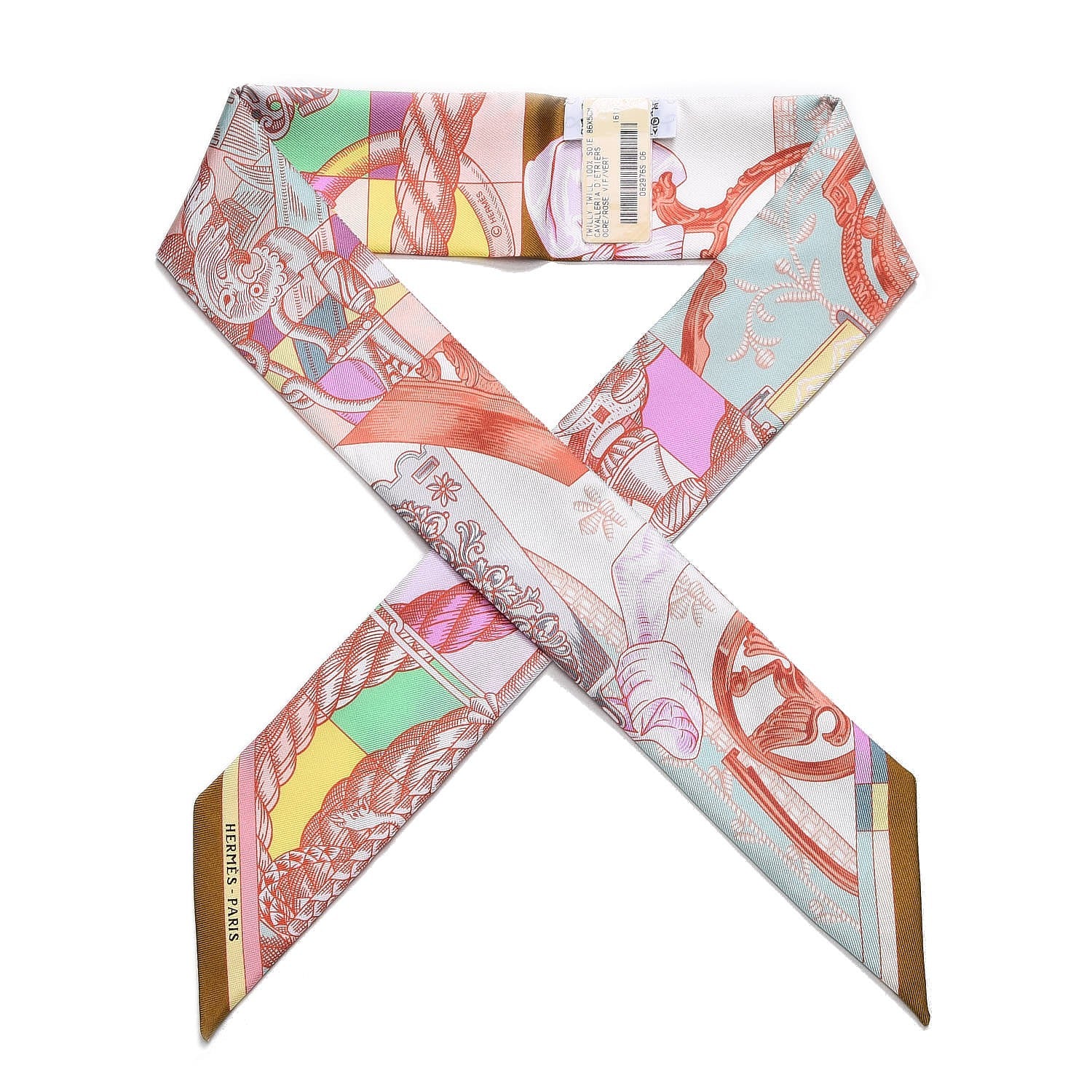 Hermes Silk Cavalleria D'Etriers Twilly Ocre Rose Vif Vert 1 of 5