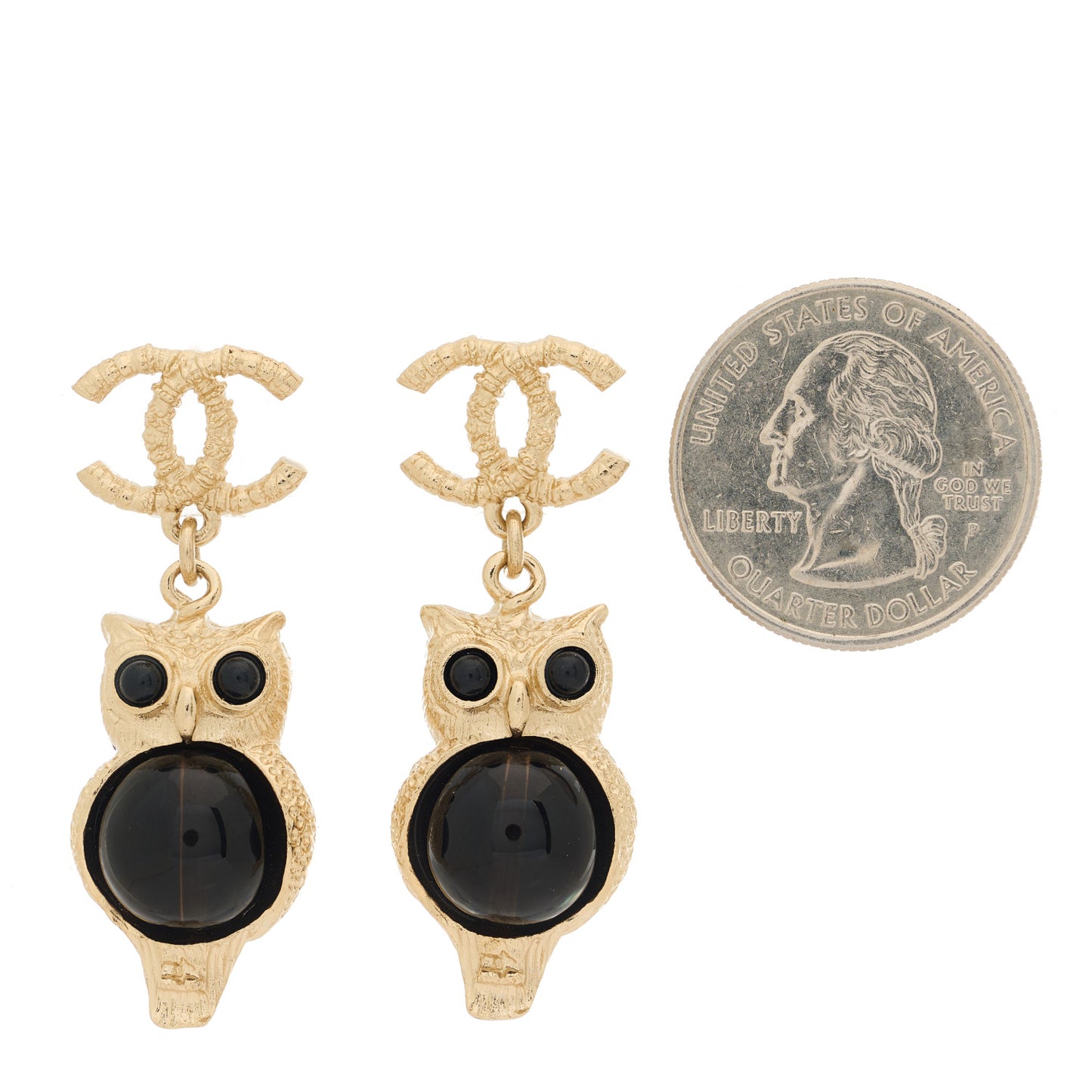 Resin Pearl CC Owl Earring Gold Black
