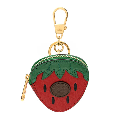 Gucci Textured Dollar Calfskin Retro Interlocking G Fruttini Strawberry Coin Case Bag Charm Key Holder 1 of 5