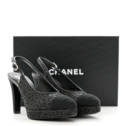 Chanel Glitter Grosgrain Cap Toe CC Slingback Pumps 37.5 Black 9 of 9