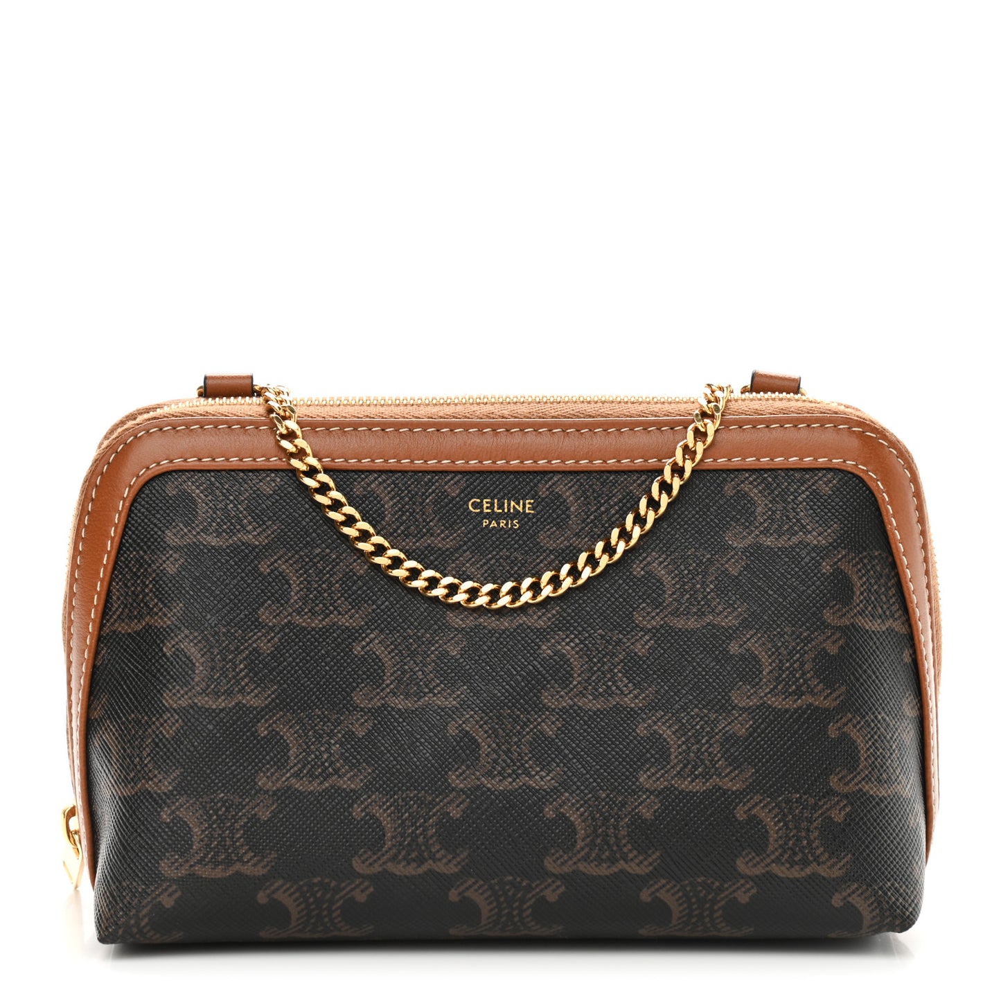 Triomphe Canvas Calfskin Mini Clutch on Chain Tan