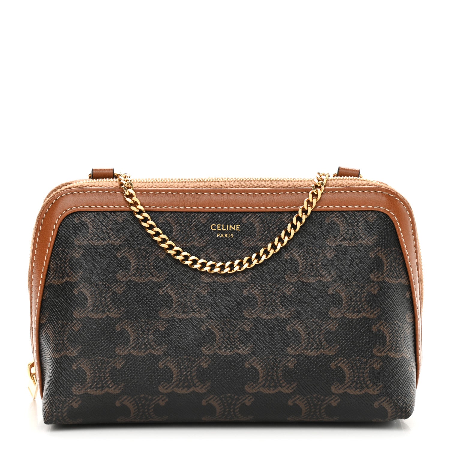 Celine Triomphe Canvas Calfskin Mini Clutch on Chain Tan 1 of 9