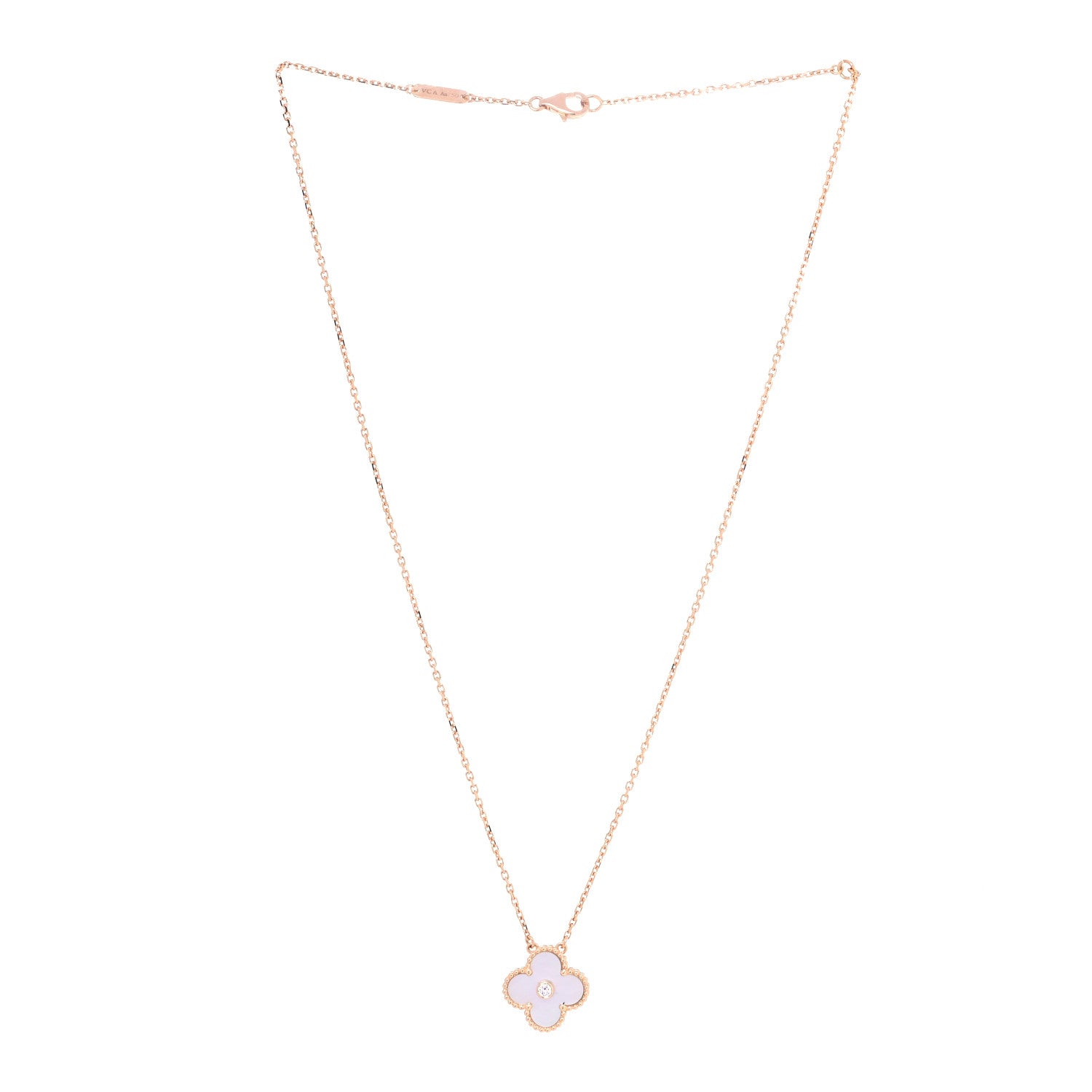 Van Cleef & Arpels 18K Rose Gold Diamond Mother of Pearl Vintage Alhambra Pendant Necklace 2 of 5