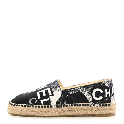 Chanel Printed Canvas Grosgrain 31 Rue Cambon Espadrilles 38 Black White 1 of 9