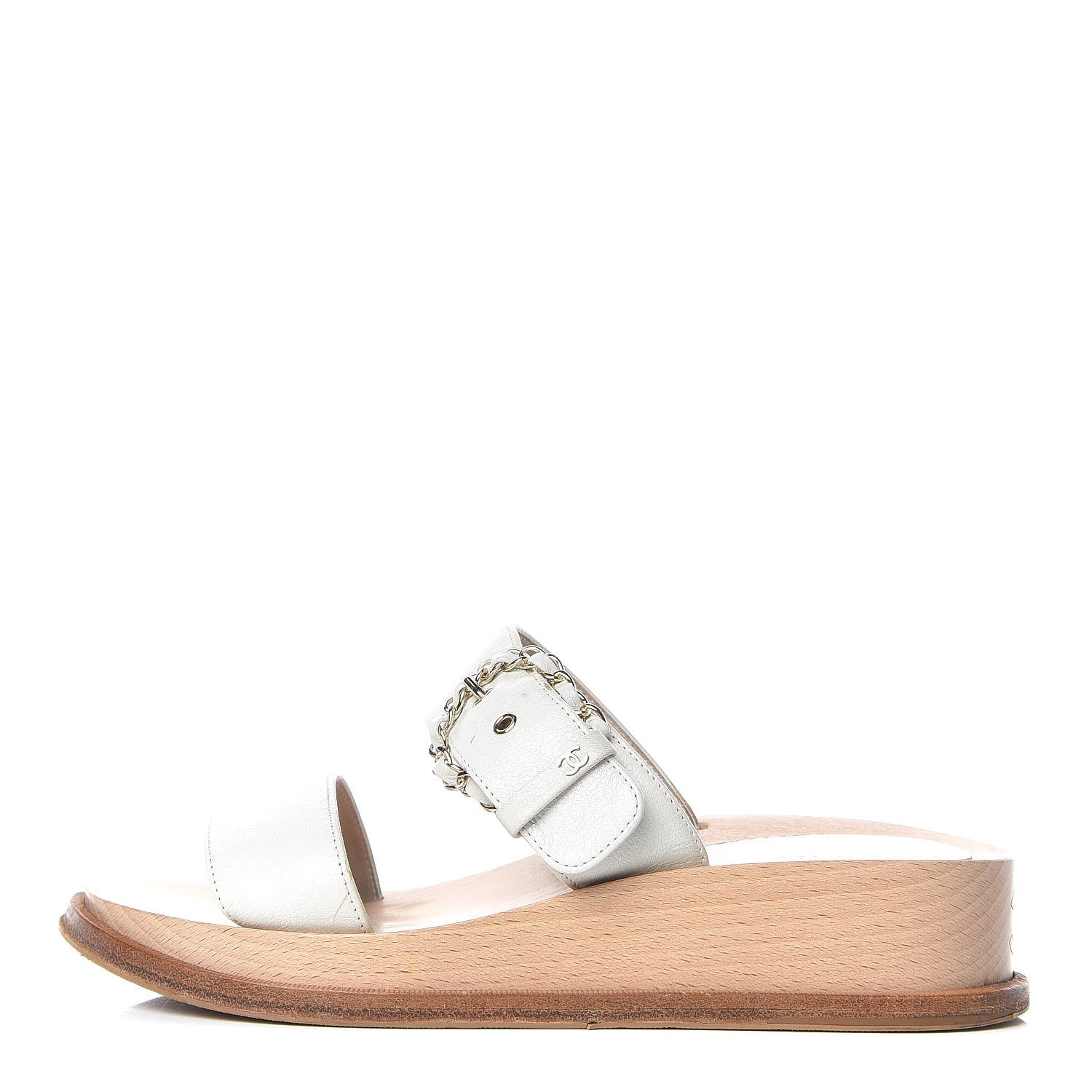 Chanel Calfskin Wood Buckle Sandals 40 White 1 of 11