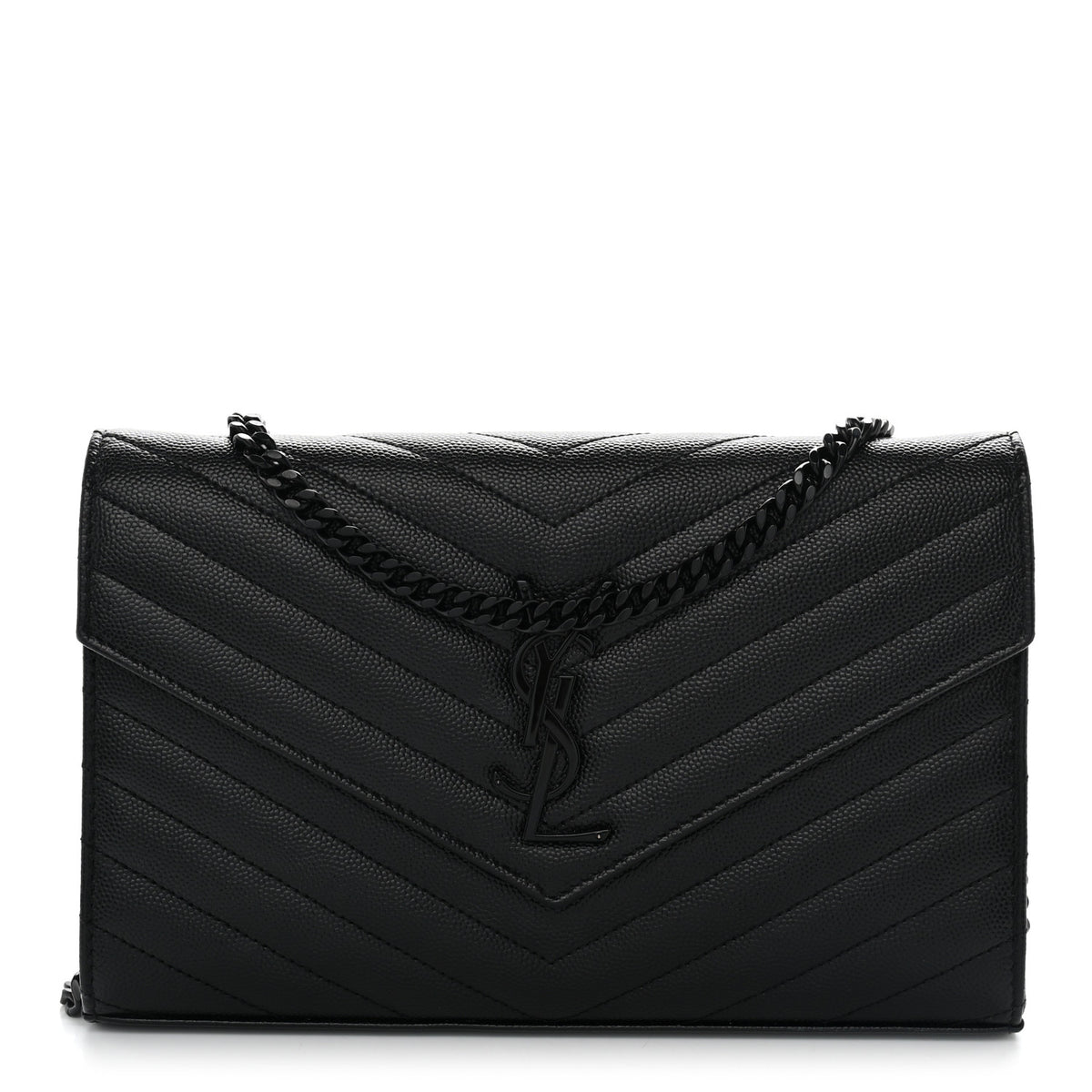 Saint Laurent Grain De Poudre Matelasse Chevron Monogram Monochrome Chain Wallet Black 1 of 12