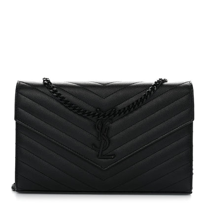 Saint Laurent Grain De Poudre Matelasse Chevron Monogram Monochrome Chain Wallet Black 1 of 12