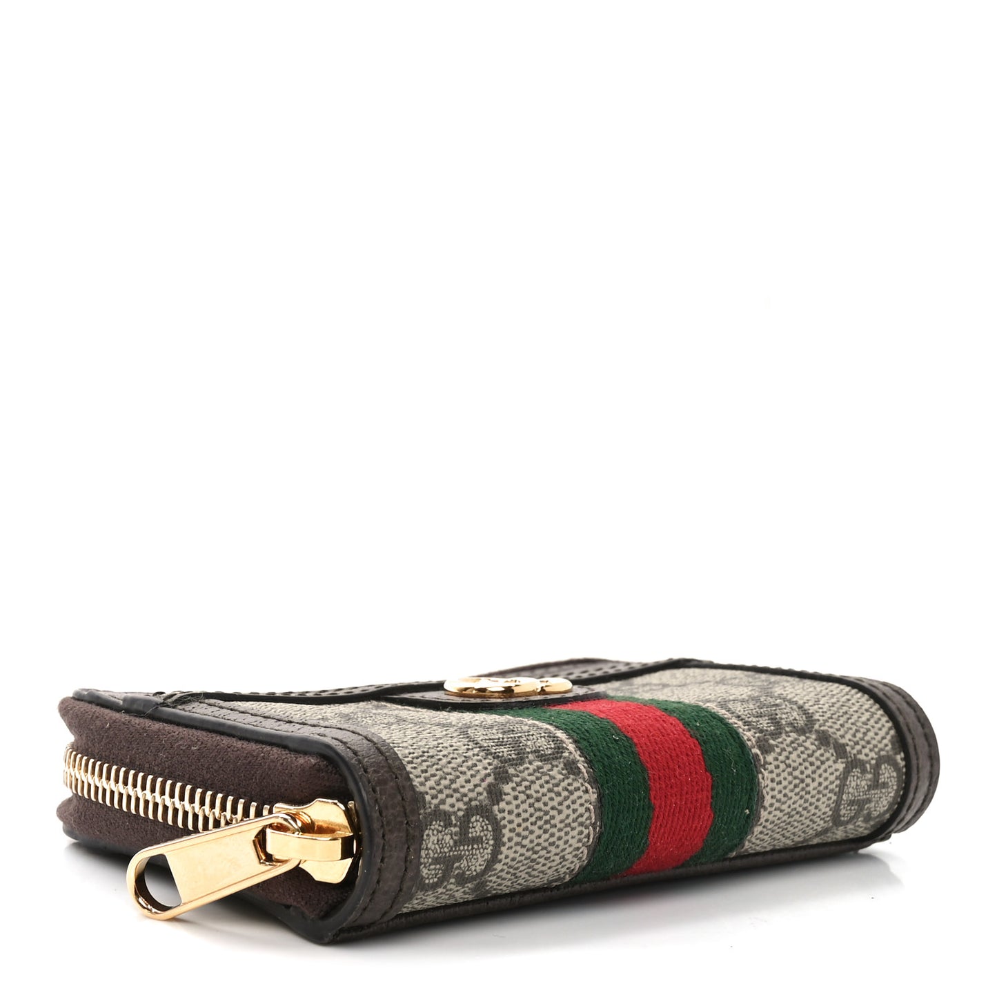 GG Supreme Monogram Textured Dollar Calfskin Web Ophidia Zip Around Card Case Wallet Beige Ebony New Acero