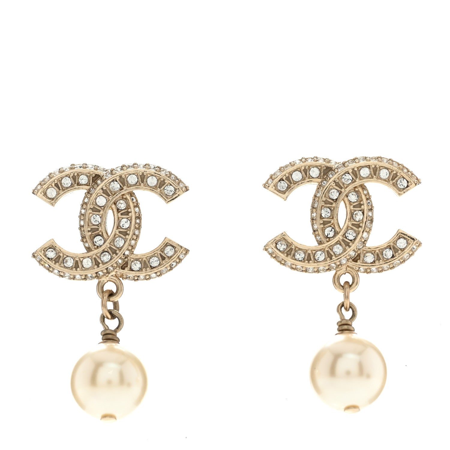 Chanel Crystal Pearl CC Drop Earrings Gold 1 of 5